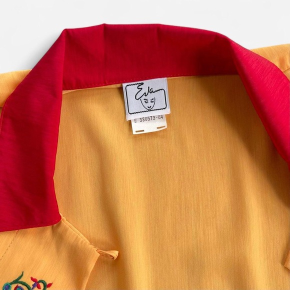 Vintage Eva Polyester Color Block Blouse Red Yellow Green with Embroidered Rose - Picture 7 of 8